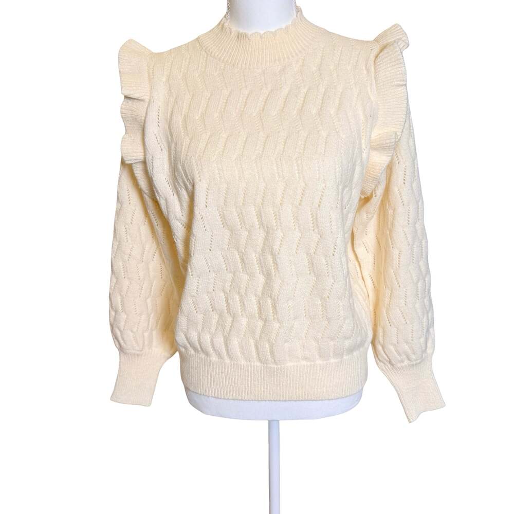 FRNCH Paris Cream Ruffle Shoulder Mock Neck Sweater Size S